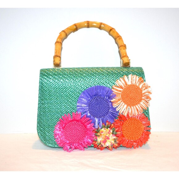 Unbranded Handbags - Bermuda Bag Vintage Green with Raffia Flowers Bamboo Handle with Chain Crossbody